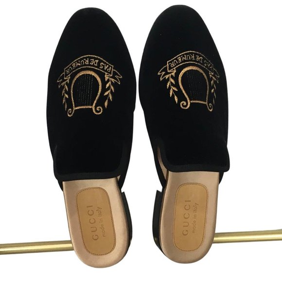 NWT Gucci Men’s Slippers Princetown Shoes Velvet Embroidered Pas De Rumeur Sz 8